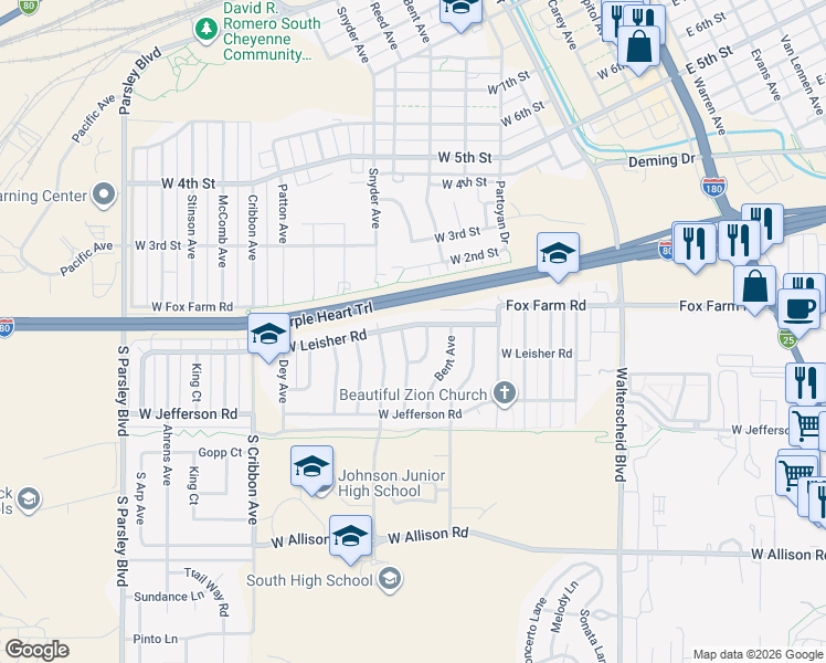 map of restaurants, bars, coffee shops, grocery stores, and more near 1146 W Leisher Rd in Cheyenne