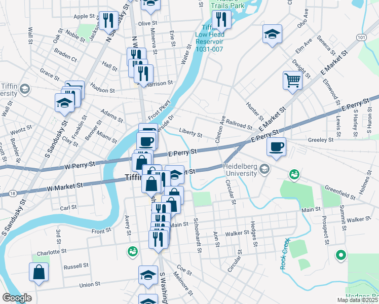 map of restaurants, bars, coffee shops, grocery stores, and more near 170 East Perry Street in Tiffin