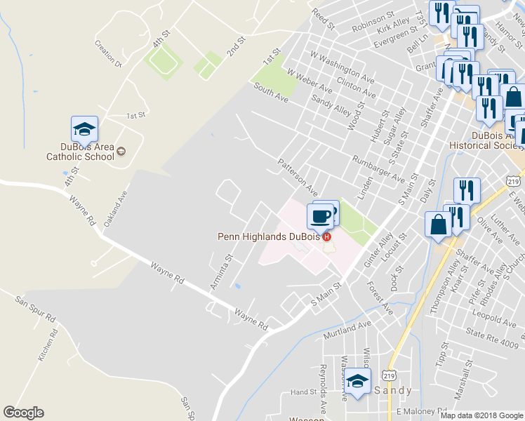 map of restaurants, bars, coffee shops, grocery stores, and more near 341 Hospital Avenue in DuBois