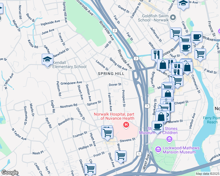 map of restaurants, bars, coffee shops, grocery stores, and more near 2 Fairview Avenue in Norwalk