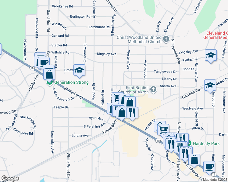 map of restaurants, bars, coffee shops, grocery stores, and more near 93 North Pershing Avenue in Akron