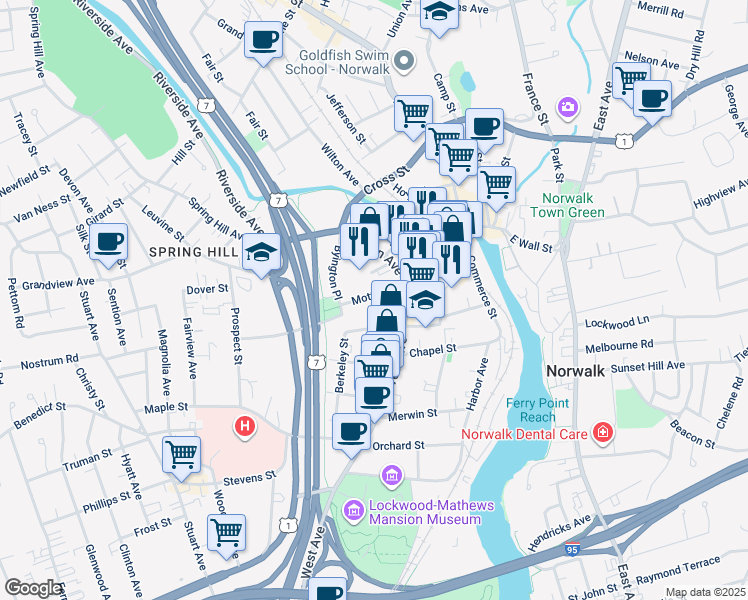 map of restaurants, bars, coffee shops, grocery stores, and more near 1 Mott Avenue in Norwalk