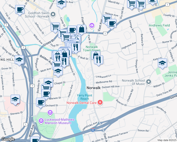 map of restaurants, bars, coffee shops, grocery stores, and more near 96 East Avenue in Norwalk