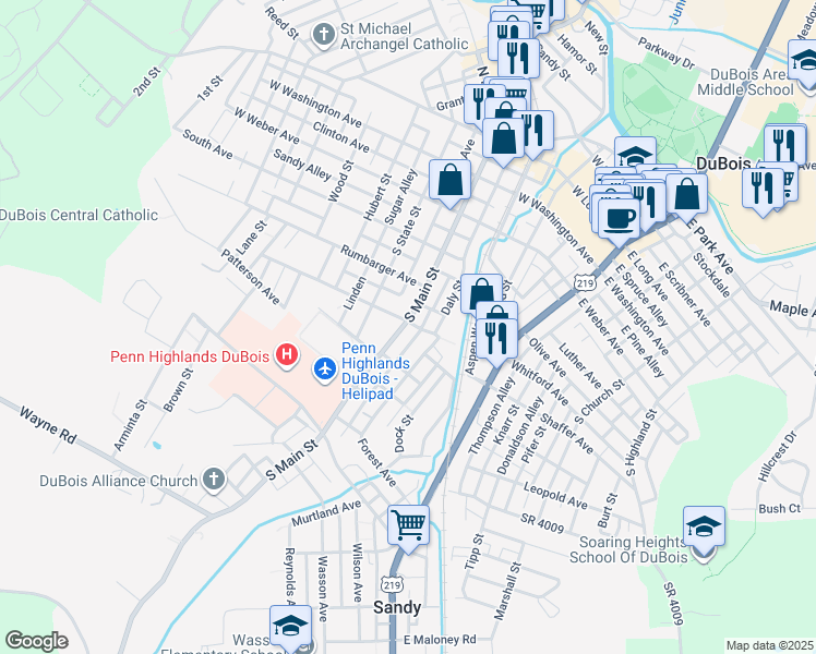 map of restaurants, bars, coffee shops, grocery stores, and more near 501 South Main Street in DuBois