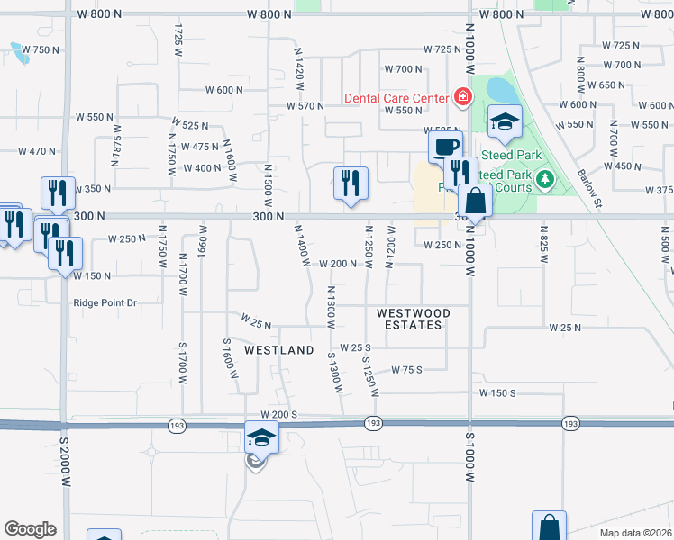 map of restaurants, bars, coffee shops, grocery stores, and more near 188 North 1300 West in Clearfield