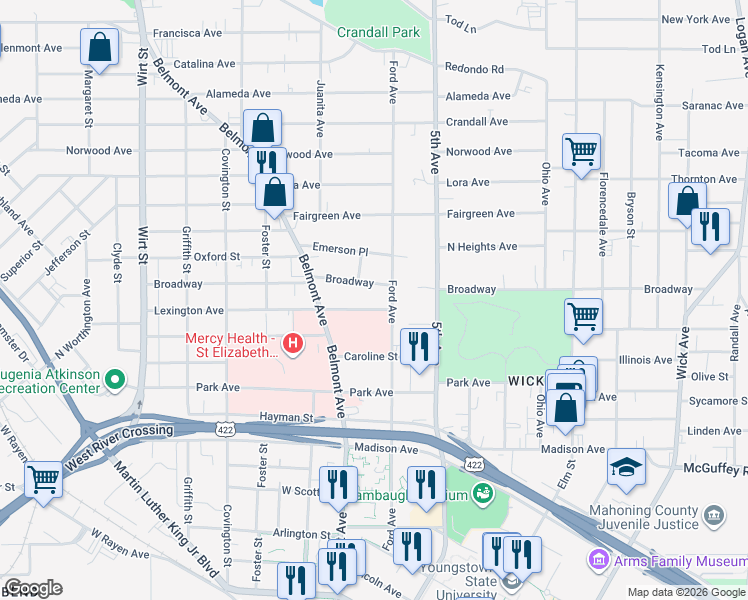 map of restaurants, bars, coffee shops, grocery stores, and more near 353 Broadway in Youngstown