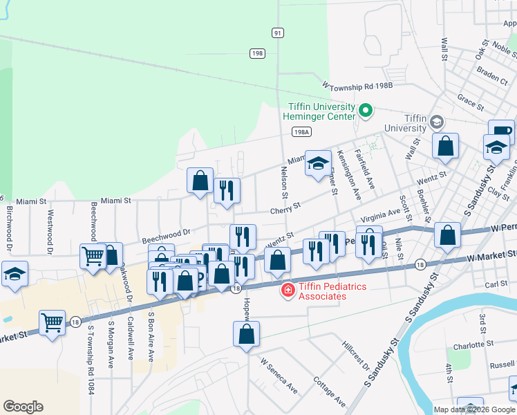 map of restaurants, bars, coffee shops, grocery stores, and more near 40 Howard Avenue in Tiffin