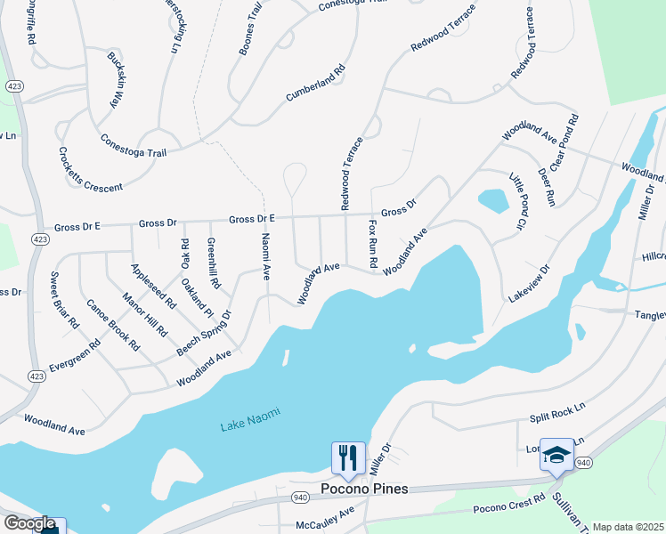 map of restaurants, bars, coffee shops, grocery stores, and more near 5141 Woodland Avenue in Pocono Pines
