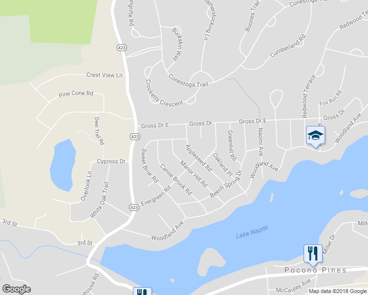map of restaurants, bars, coffee shops, grocery stores, and more near 21 Appleseed Road in Pocono Pines