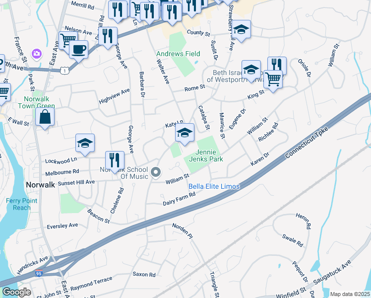 map of restaurants, bars, coffee shops, grocery stores, and more near 176 Strawberry Hill Avenue in Norwalk