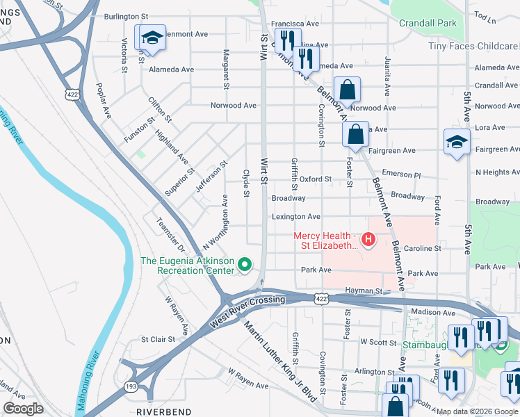 map of restaurants, bars, coffee shops, grocery stores, and more near 336 Wirt Boulevard in Youngstown