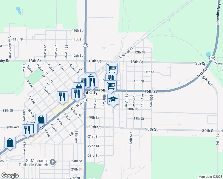 map of restaurants, bars, coffee shops, grocery stores, and more near 1415 16th Street in Central City
