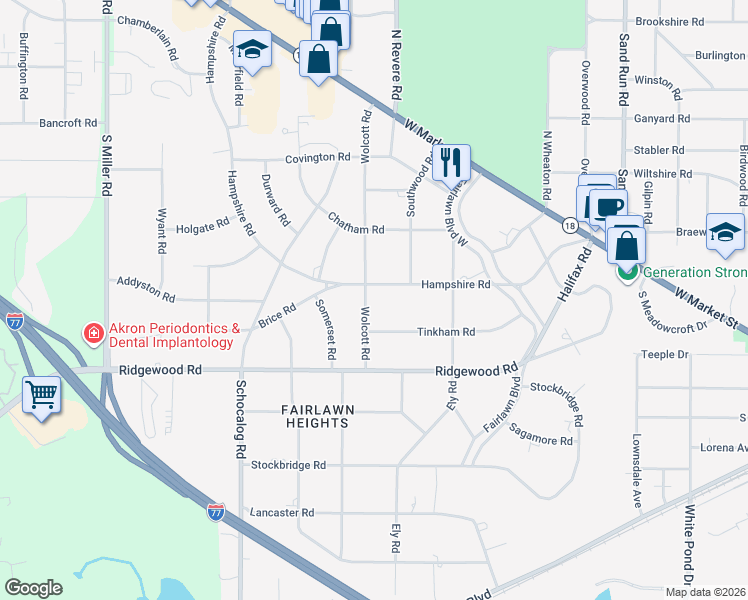 map of restaurants, bars, coffee shops, grocery stores, and more near 281 Hampshire Road in Akron