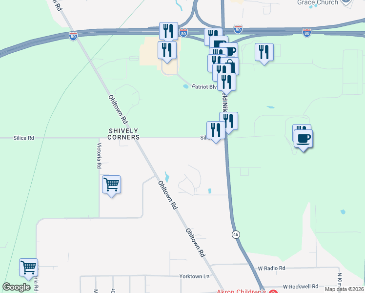 map of restaurants, bars, coffee shops, grocery stores, and more near 5655 Silica Road in Youngstown