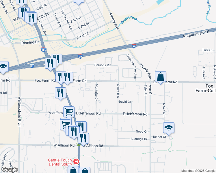 map of restaurants, bars, coffee shops, grocery stores, and more near 471-619 State Highway 221 in Cheyenne