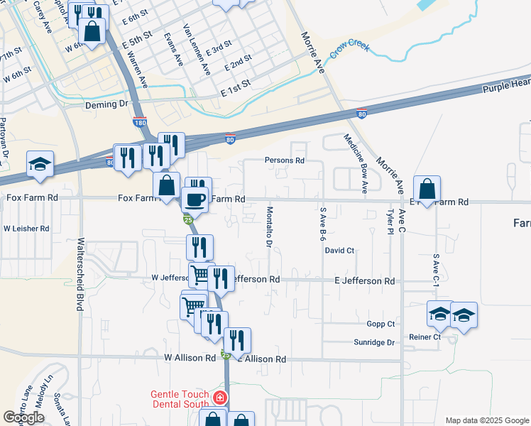 map of restaurants, bars, coffee shops, grocery stores, and more near 407 East Fox Farm Road in Cheyenne