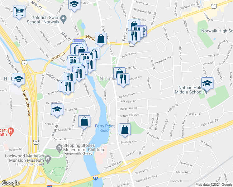 map of restaurants, bars, coffee shops, grocery stores, and more near 99 East Avenue in Norwalk