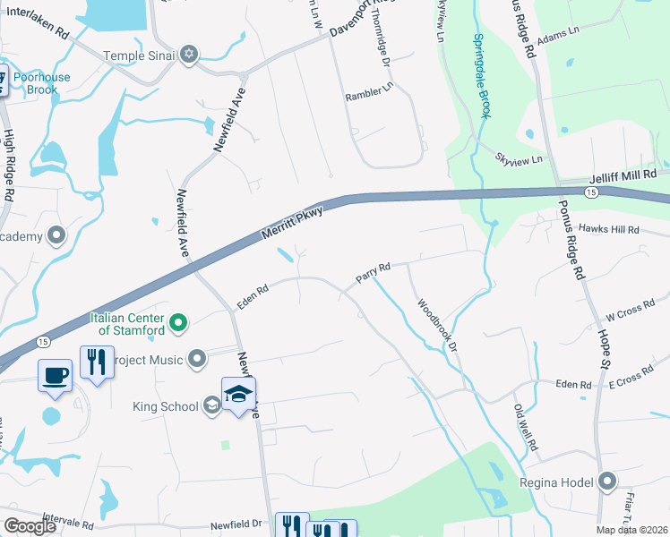 map of restaurants, bars, coffee shops, grocery stores, and more near 100 Eden Road in Stamford