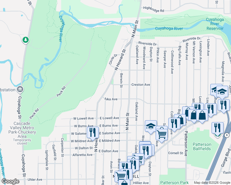 map of restaurants, bars, coffee shops, grocery stores, and more near 1154 Berwin Street in Akron