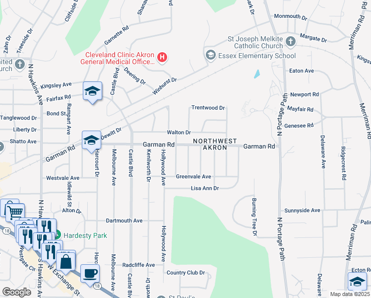 map of restaurants, bars, coffee shops, grocery stores, and more near 1183 Garman Road in Akron