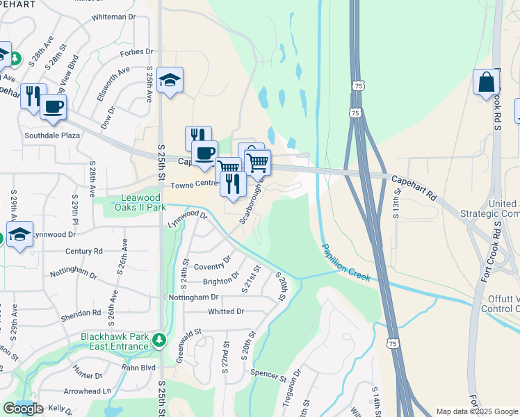 map of restaurants, bars, coffee shops, grocery stores, and more near 1723 Scarborough Drive in Bellevue