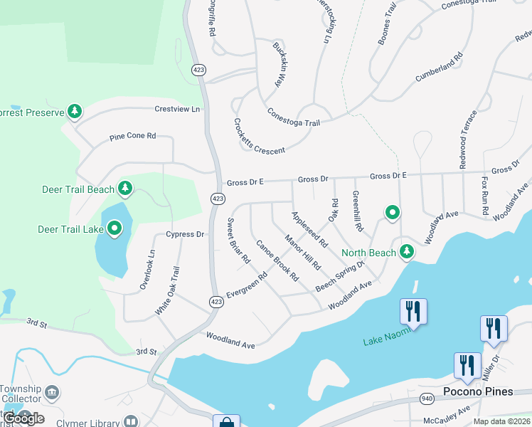 map of restaurants, bars, coffee shops, grocery stores, and more near 33 Sweet Briar Rd in Pocono Pines