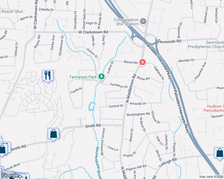 map of restaurants, bars, coffee shops, grocery stores, and more near 28 Tennyson Drive in Nanuet