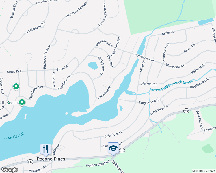 map of restaurants, bars, coffee shops, grocery stores, and more near 2-98 Pebble Court in Pocono Pines