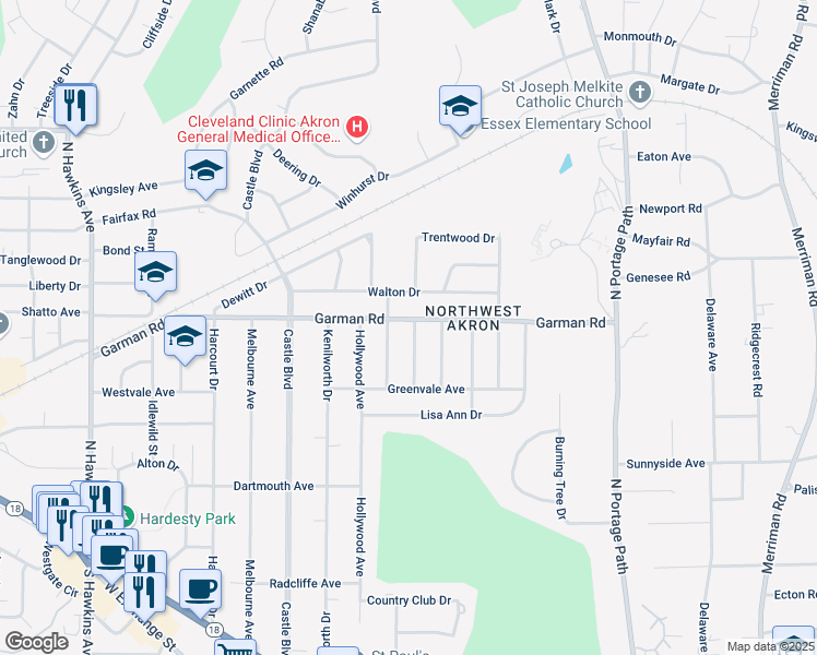 map of restaurants, bars, coffee shops, grocery stores, and more near 1183 Garman Road in Akron
