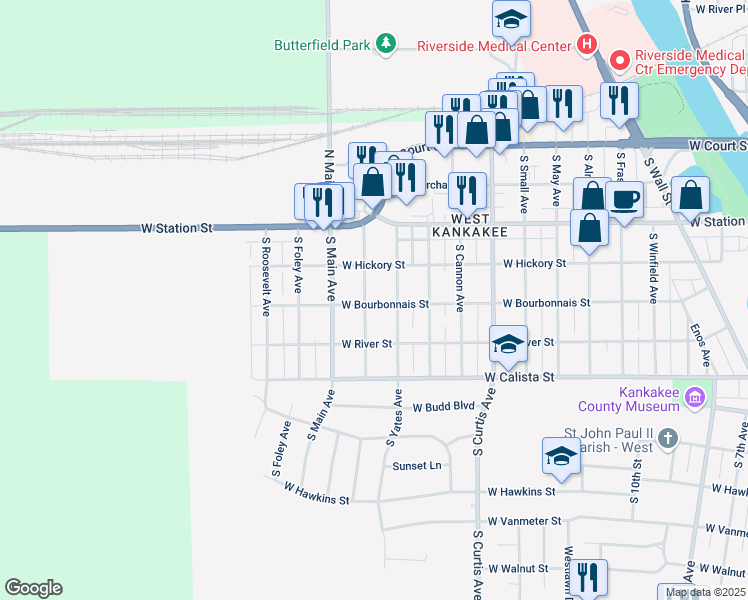 map of restaurants, bars, coffee shops, grocery stores, and more near 471 South McKinley Avenue in Kankakee