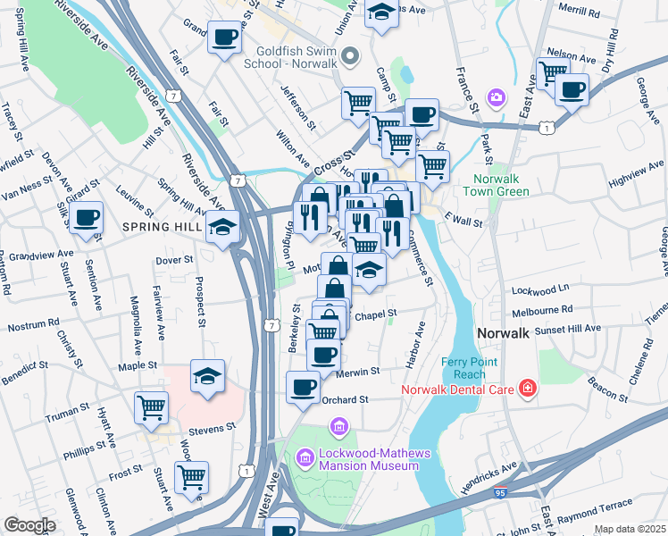 map of restaurants, bars, coffee shops, grocery stores, and more near 1 Mott Avenue in Norwalk