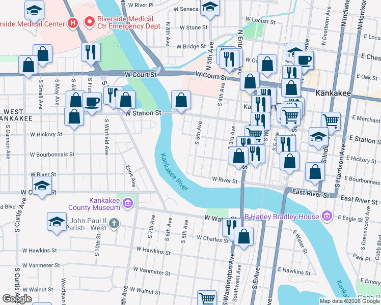 map of restaurants, bars, coffee shops, grocery stores, and more near 547 West Bourbonnais Street in Kankakee