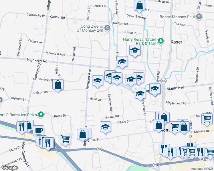 map of restaurants, bars, coffee shops, grocery stores, and more near 8 Hershel Terrace in Monsey