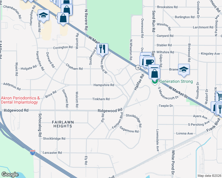 map of restaurants, bars, coffee shops, grocery stores, and more near 155 Hampshire Road in Akron