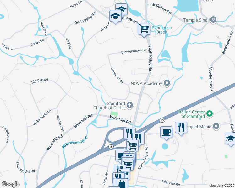 map of restaurants, bars, coffee shops, grocery stores, and more near 81 Opper Road in Stamford