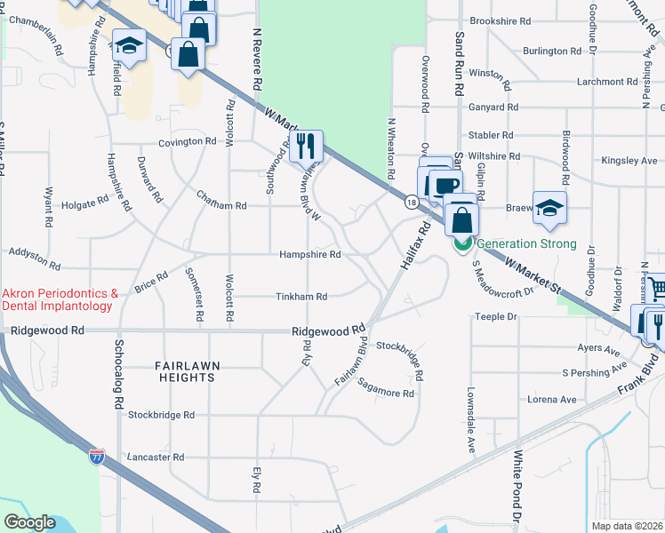 map of restaurants, bars, coffee shops, grocery stores, and more near 155 Hampshire Road in Akron