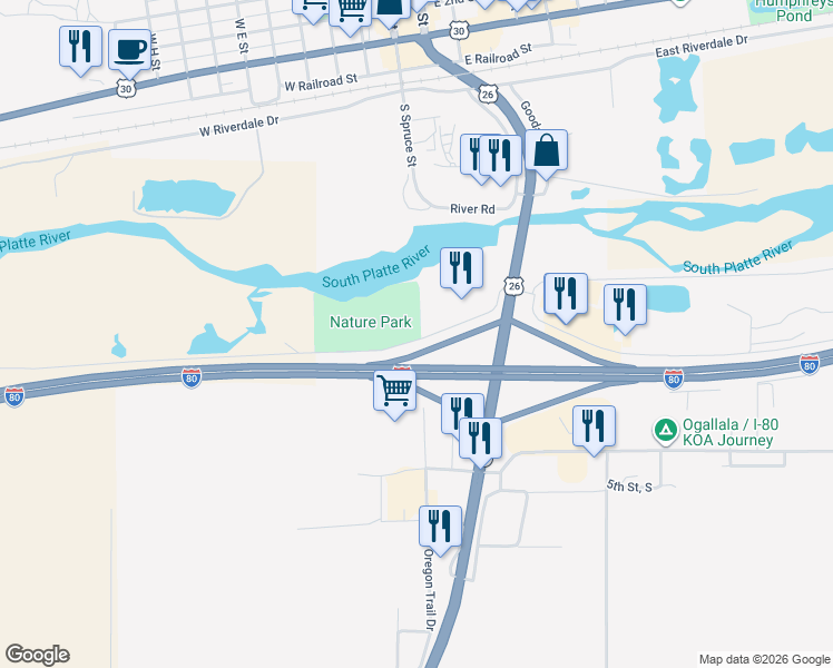 map of restaurants, bars, coffee shops, grocery stores, and more near 100-190 Chuckwagon Rd in Ogallala