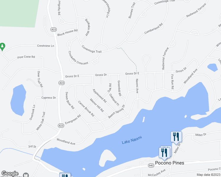 map of restaurants, bars, coffee shops, grocery stores, and more near Oak Road in Pocono Pines