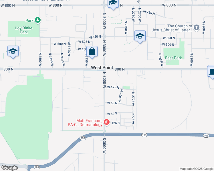 map of restaurants, bars, coffee shops, grocery stores, and more near 187 North 2975 West in West Point