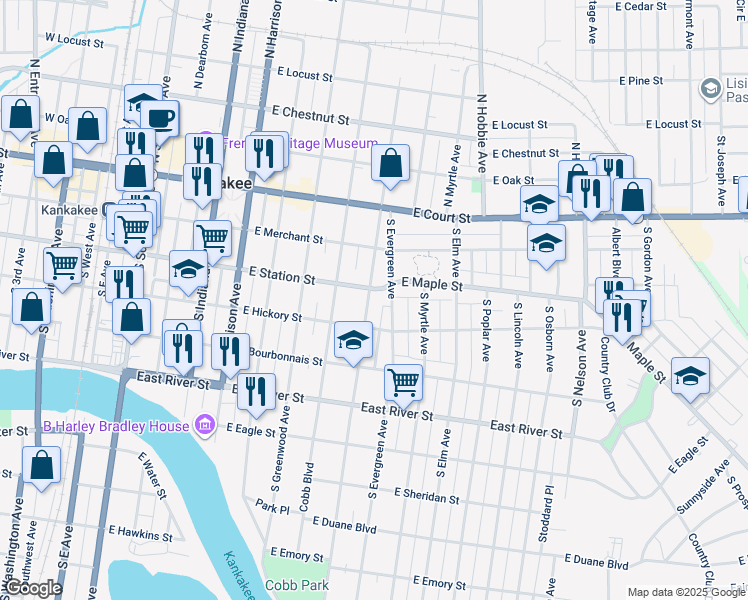 map of restaurants, bars, coffee shops, grocery stores, and more near 309 South Wildwood Avenue in Kankakee
