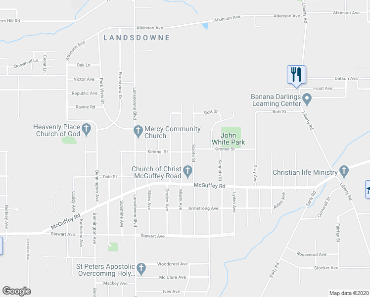 map of restaurants, bars, coffee shops, grocery stores, and more near 1303 Miami Avenue in Youngstown