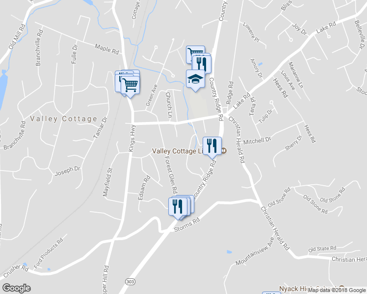 map of restaurants, bars, coffee shops, grocery stores, and more near 5 Brookridge Court in Valley Cottage