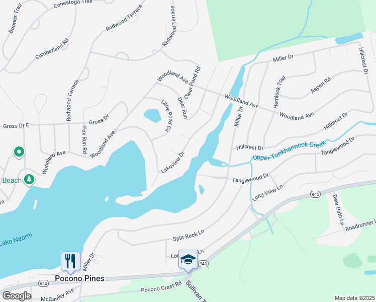 map of restaurants, bars, coffee shops, grocery stores, and more near 54 Lakeview Drive in Albrightsville