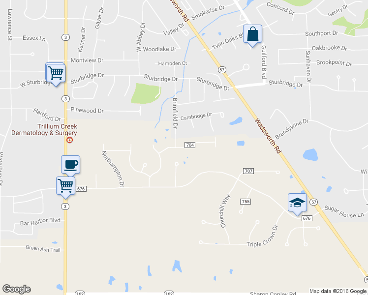 map of restaurants, bars, coffee shops, grocery stores, and more near Township Highway 704 in Medina