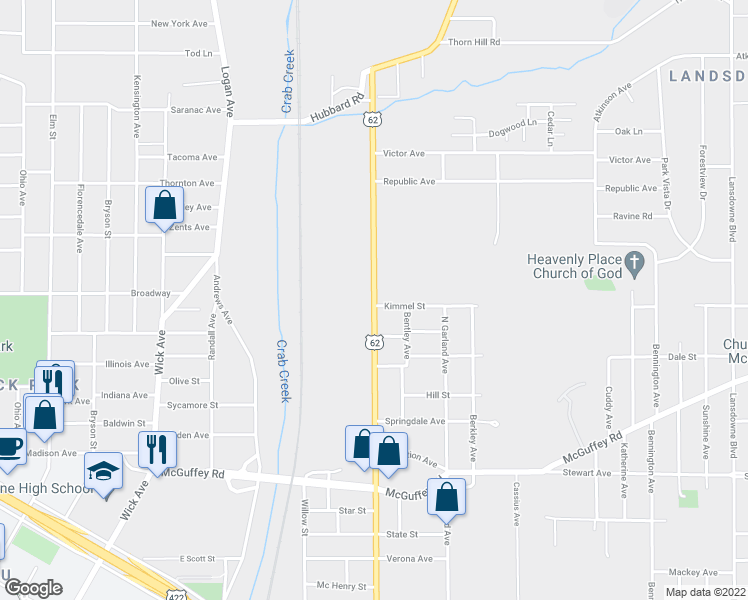 map of restaurants, bars, coffee shops, grocery stores, and more near 1360 Albert Street in Youngstown
