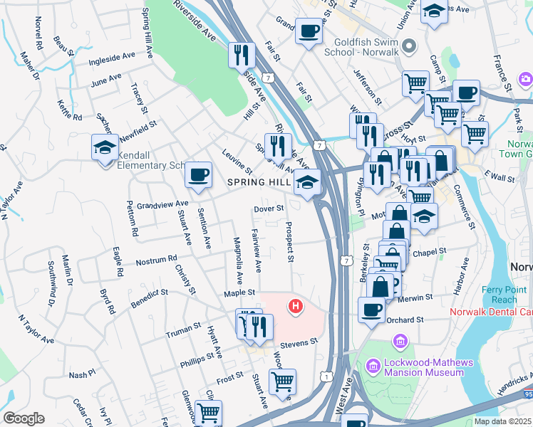 map of restaurants, bars, coffee shops, grocery stores, and more near 7 Dover Street in Norwalk
