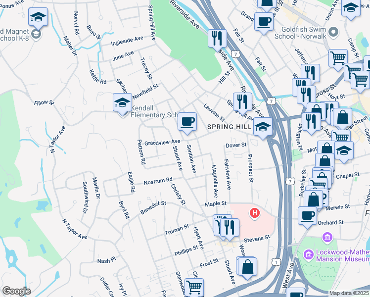 map of restaurants, bars, coffee shops, grocery stores, and more near 48 Grandview Avenue in Norwalk