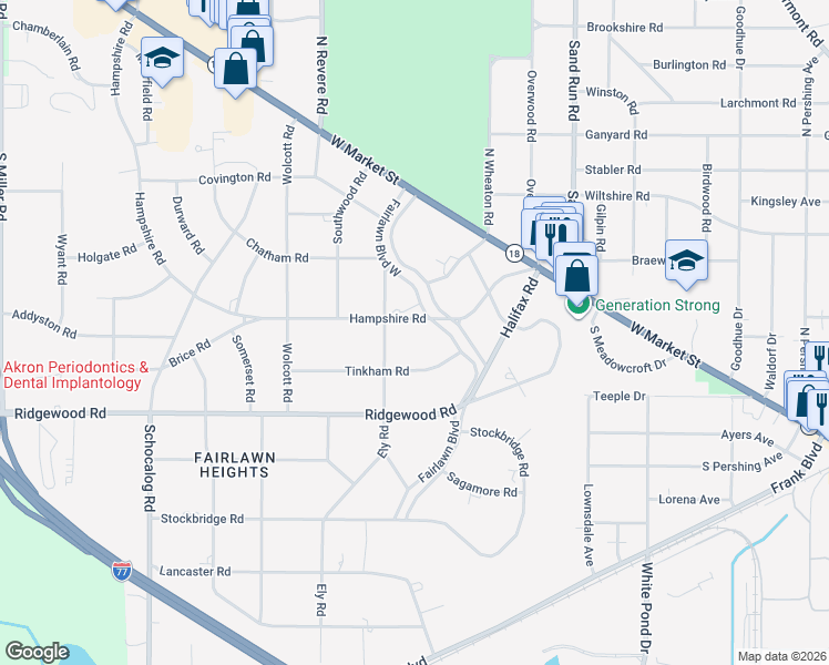 map of restaurants, bars, coffee shops, grocery stores, and more near 155 Hampshire Road in Akron