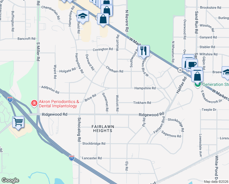 map of restaurants, bars, coffee shops, grocery stores, and more near 281 Hampshire Road in Akron