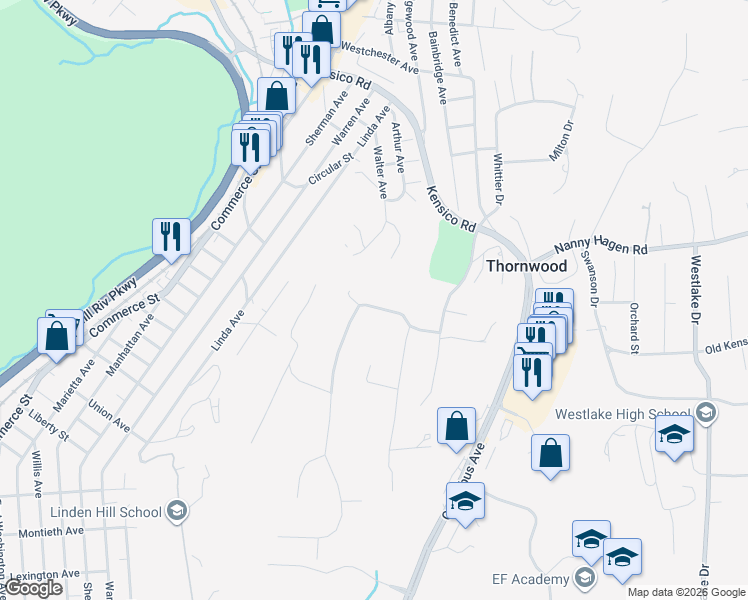 map of restaurants, bars, coffee shops, grocery stores, and more near 68 Rolling Hills Road in Thornwood